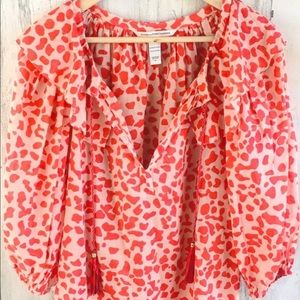 DVF Keoni Ruffle Blouse Puff Sleeve Coral Orange Red Leopard Print 12